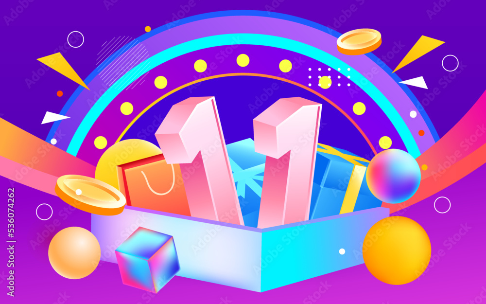 E-commerce, double eleven shopping promotion with gift boxes and red envelopes in the background, vector illustration E-commerce, double eleven shopping promotion with gift boxes and red envelopes in the background, vector illustration