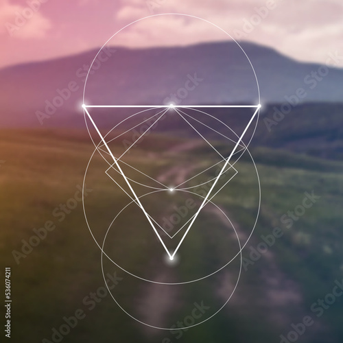 Sacred geometry spiritual new age futuristic illustration with transmutation interlocking circles, triangles and glowing particle