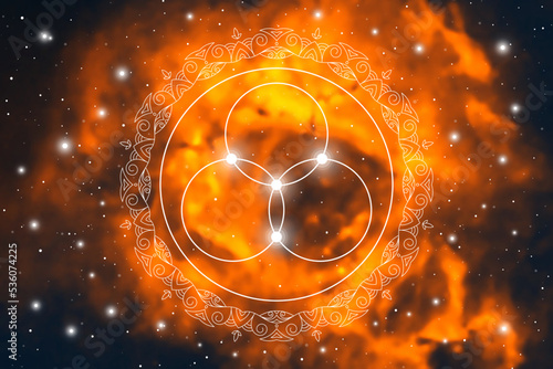 Flower of life. Tree of life. Sacred geometry spiritual new age futuristic illustration with transmutation interlocking circles, triangles and glowing particles on space background.