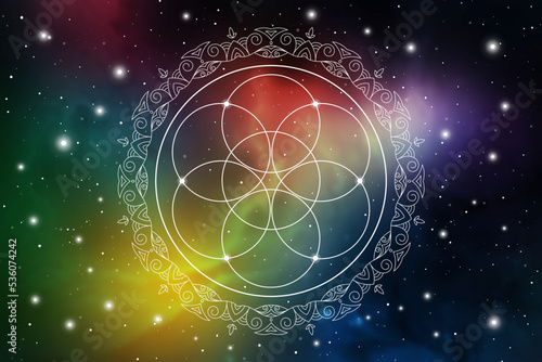 Flower of life. Sacred geometry spiritual new age futuristic illustration with transmutation interlocking circles, triangles and glowing particles on space background.