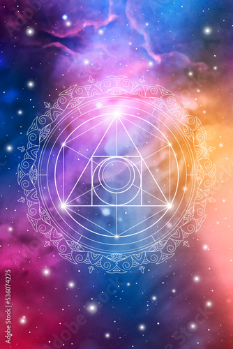 Philosopher stone. Sacred geometry spiritual new age futuristic illustration with transmutation interlocking circles, triangles and glowing particles on space background.