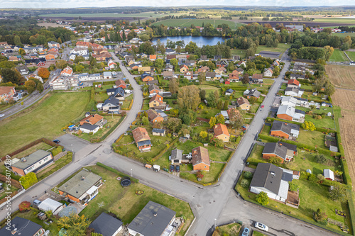 Aerial view on a little village in Sweden, Europe. Many private and residential houses and beautiful nature.  photo