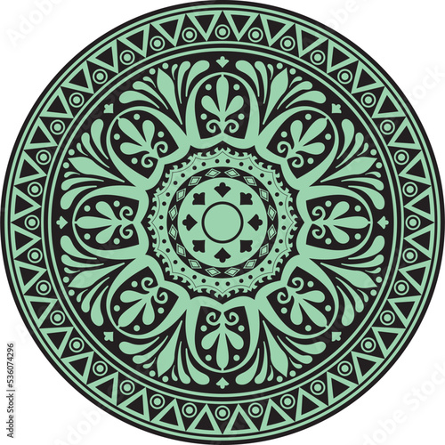 Vector green and black round classical ornament of Ancient Greece and Roman Empire. Circle, Arabesque, Byzantine pattern..