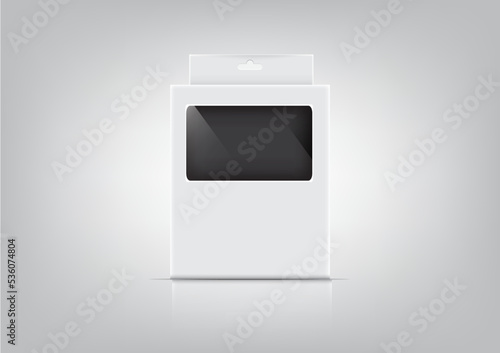 Design a box package for devices such as adapters, headphones, USB cables on gray background.