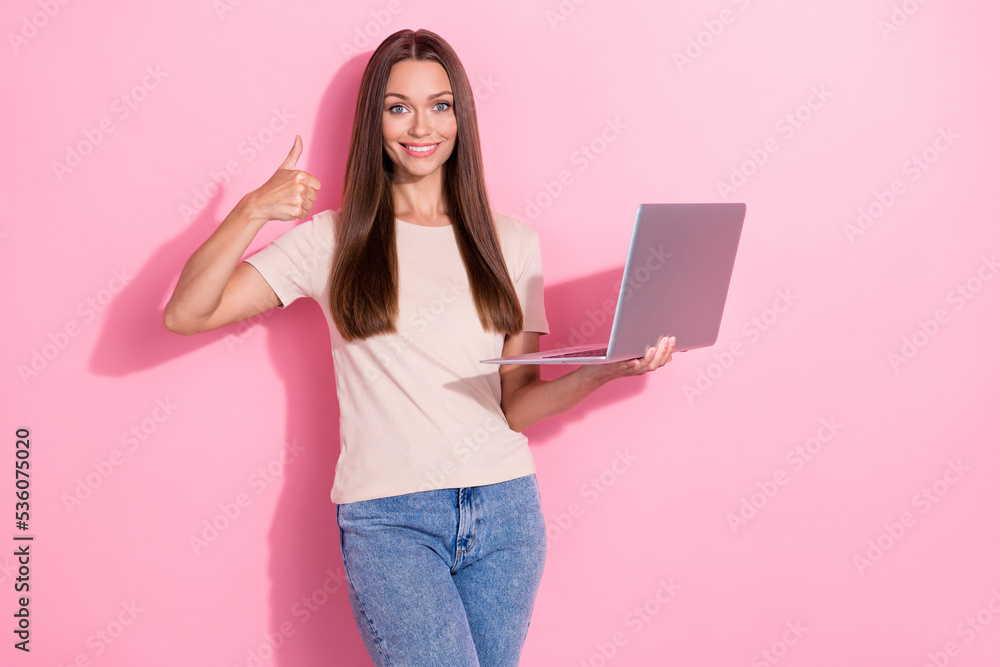 Portrait photo of young attractive businesswoman successful influencer computer user online education courses isolated on pink color background Portrait photo of young attractive businesswoman successful influencer computer user online education courses isolated on pink color background
