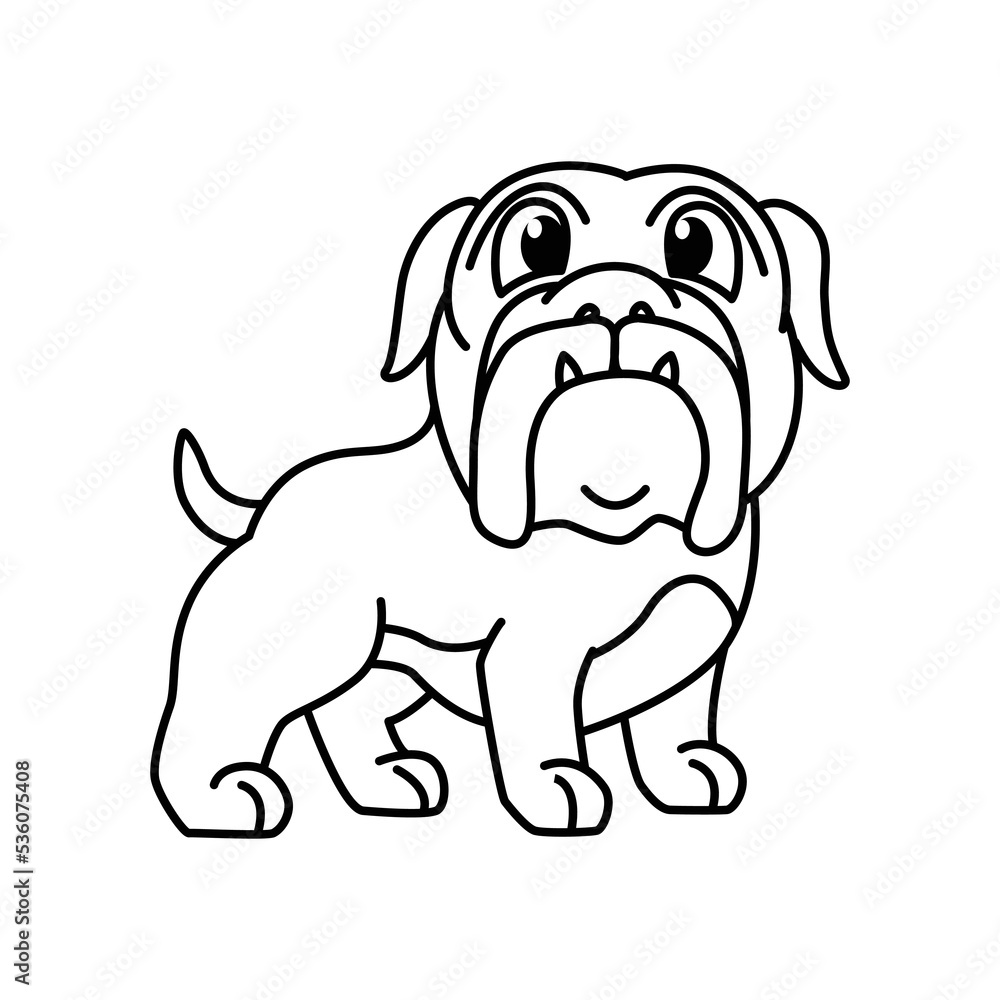 Cute bulldog cartoon characters vector illustration. For kids coloring book.