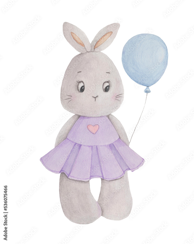 Obraz premium Watercolor illustration of a cute Bunny girl who stands in a purple dress and holds a balloon behind her back. Suitable for festive decoration