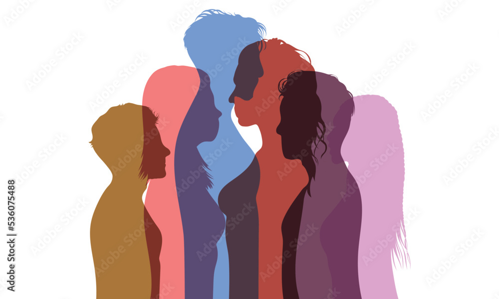 A talking crowd with coloured flat cartoon profiles. Numerous people expressing their views. Network. Multi-ethnic people. Multi-ethnic people.
