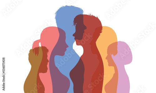 Discussion or comparison between friends in the crowd. People profile dialogue. Group of isolated people talking in coloured flat cartoons. Multiple exposure, Conference or debate.