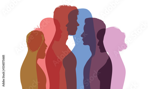 Flat cartoon portrait illustrating social pluralism and racial equality. Friendship and empowerment. People of diverse racial and ethnic backgrounds.