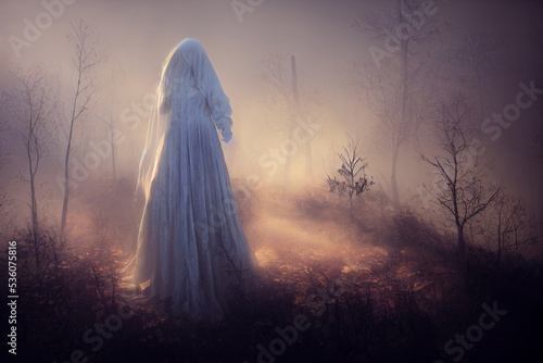 A dark ghostly figure moving through a misty forest in the evening. Spooky concept.Digital art