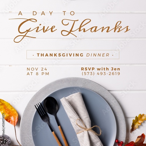 Composition of happy thanksgiving day text over cutlery