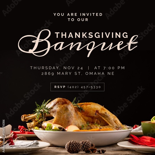 Composition of thanksgiving banquet text over dinner