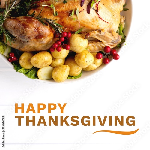 Composition of happy thanksgiving day text over turkey