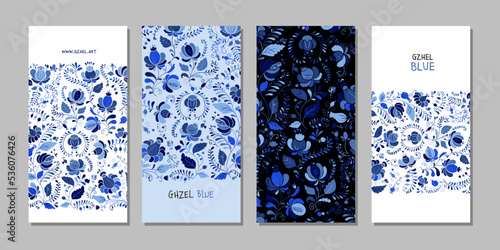 Blue gzhel ornament. Concept Art, frame and pattern background. Set of banners in one style hand drawn for your design. Vector illustration