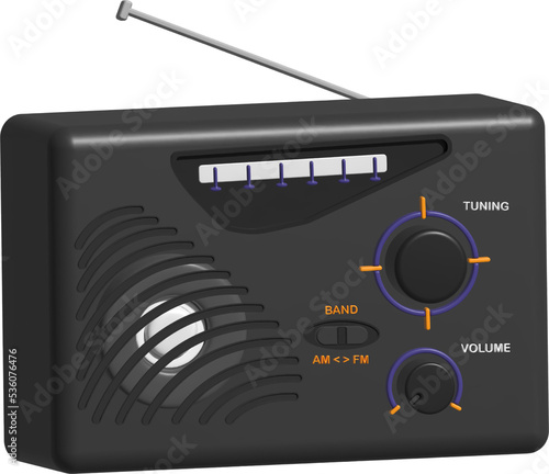 3D Realistic Isolated old black retro radio tuner on white background.