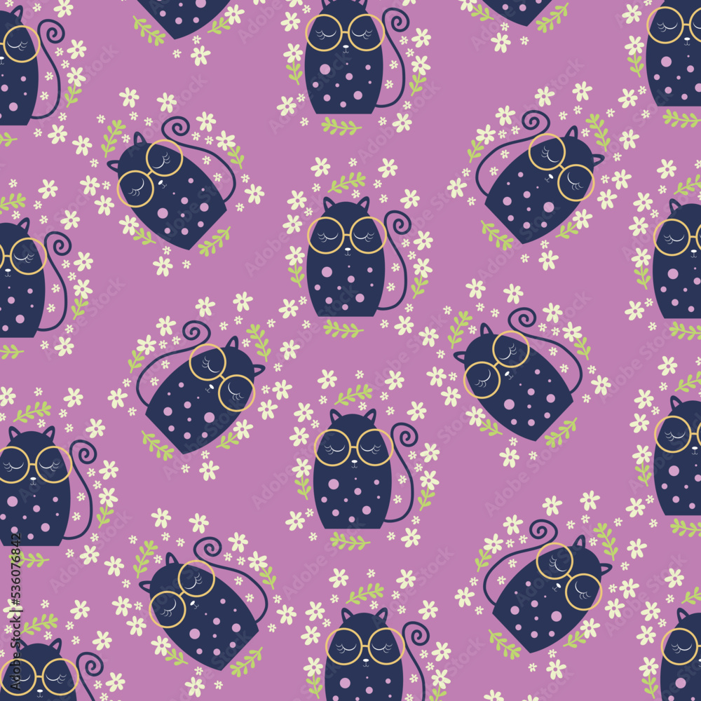Seamless pattern with cute cat purple doodle Seamless pattern with cute cat purple doodle