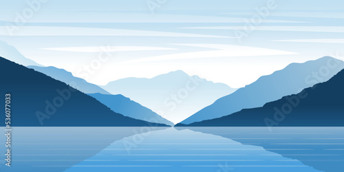 Blue shades of lake and mountains and landscape nature background vector art