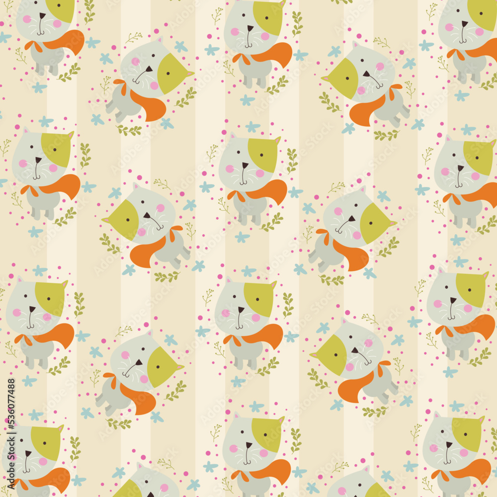 Seamless pattern with cute cat colorful doodle