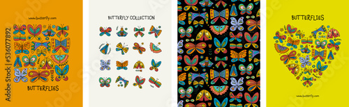 Butterflies collection - frame, tree, backdrop, heart shape. Concept art for ...