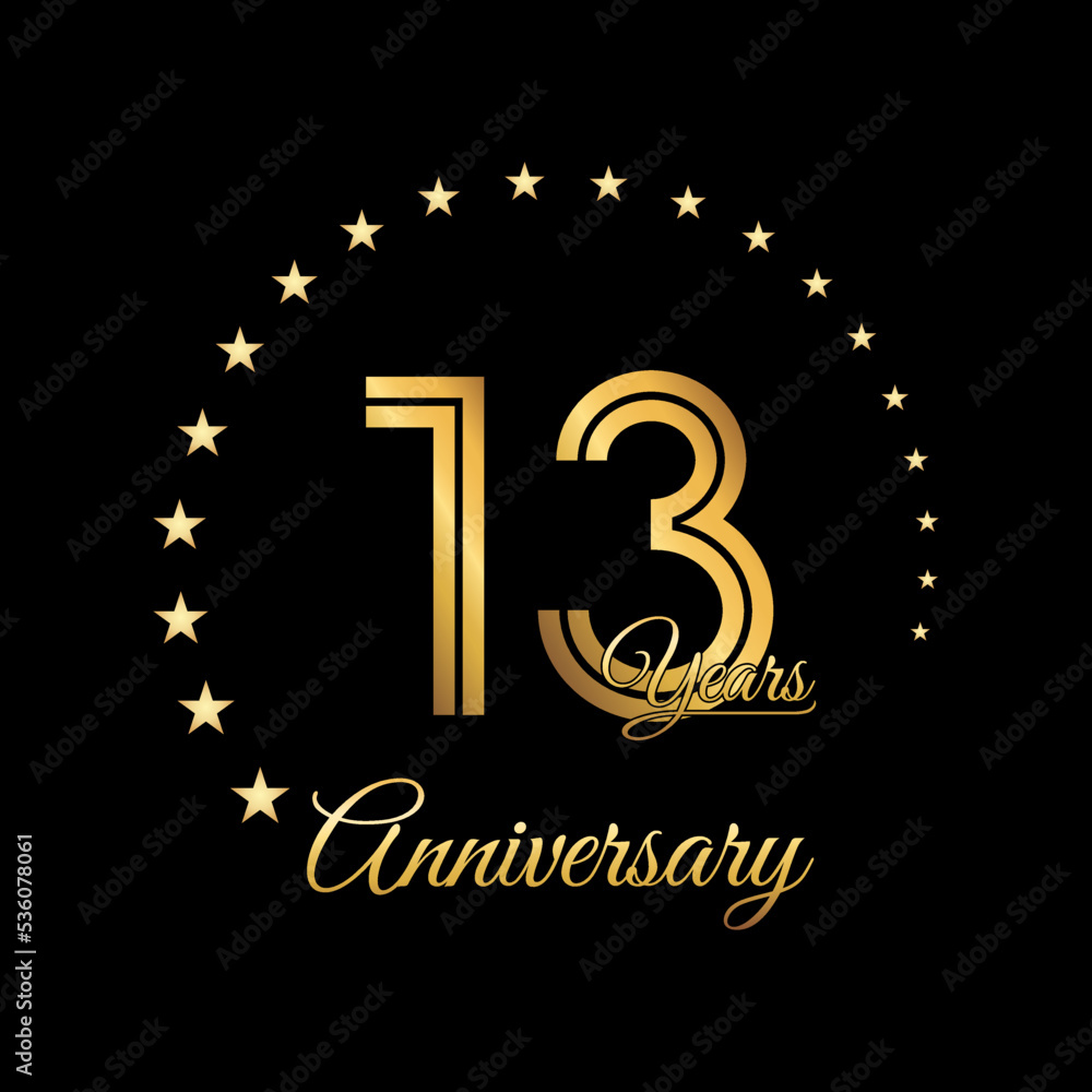 13 Years Anniversary, Perfect template design for anniversary celebration with gold color for booklet, leaflet, magazine, brochure poster, web, invitation or greeting card. Vector template 13 Years Anniversary, Perfect template design for anniversary celebration with gold color for booklet, leaflet, magazine, brochure poster, web, invitation or greeting card. Vector template