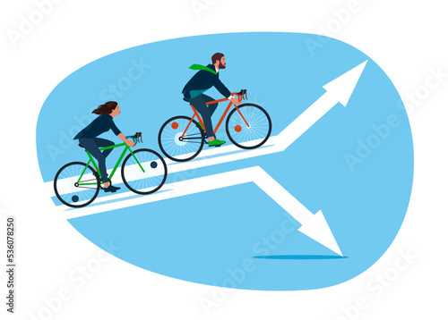 Businessman and woman with riding a bike on an up and down arrow graph path. Risk of investing in different businesses, profits, losses, competition in business. Flat vector illustration.