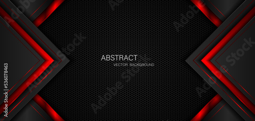 Abstract black and red polygon with red glow lines on dark steel mesh background with free space for design. modern technology innovation concept background
