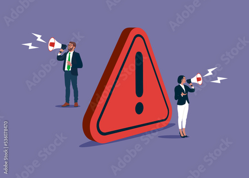 Business people announce on megaphone with attention exclamation sign. Important announcement, breaking news or urgent message communication, alert and beware. 