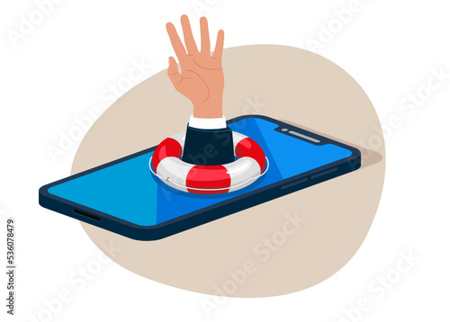 Drowning businessman receives a lifebuoy in his arm against the smartphone addictions. Business helper survival business helper survival. Flat vector illustration.