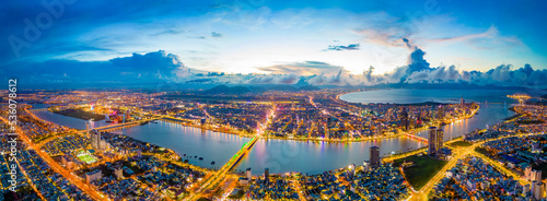 Aerial view of Da Nang city at sunset which is a very famous destination of Vietnam. © Kien