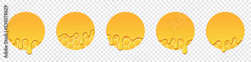 Set of honey drops. Dripping melted honey. Realistic melted honey. Honey drops. Melting honey. Yellow liquid dessert, sweet drip melt. Vector illustration