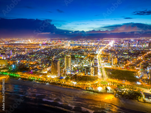 Aerial view of Da Nang city at sunset which is a very famous destination of Vietnam.