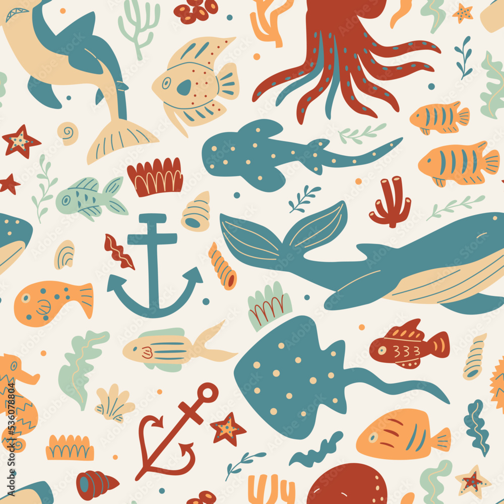Sea vector seamless pattern with hand drawn whales, corals, octopus, fishes and shells.