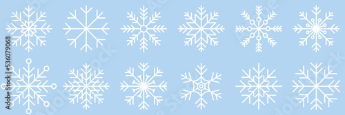 Snowflake variations icon collection. Snowflake icons set. Snowflake symbols. Snow icon. Frost winter background. Snowflakes ice crystal isolated. Vector illustration