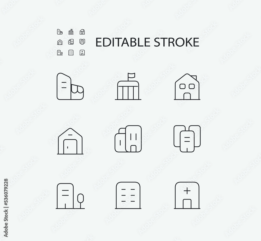 Simple Set of Building Related Vector Line Icons. Contains such Icons as Buildings and Estate and more. Editable Stroke. 72x72 Pixel Perfect.