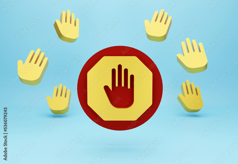 Fototapeta premium Red stop hand block sign, Adblock, Do Not Enter, Forbidden Icon, Stop sign, hand stop symbol, traffic stop, restricted and dangerous signs with colored background. 3D render.