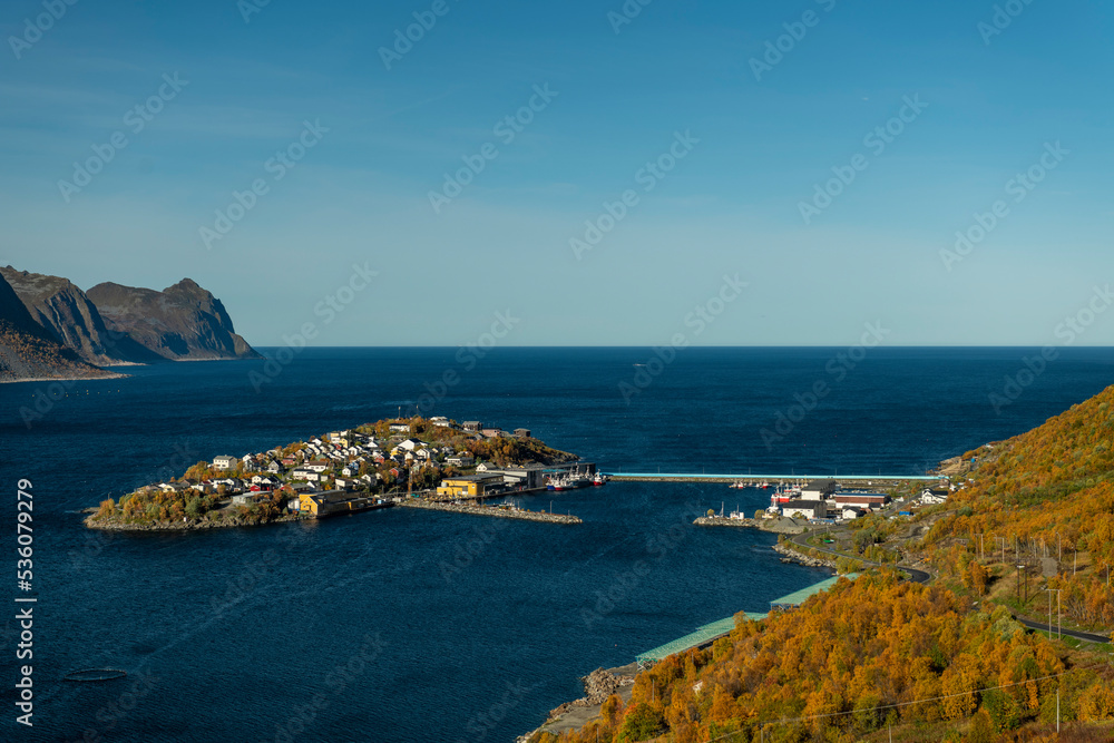 Husøy fisher's village in Senja Island, Arctic circle, Norway. - stock photo