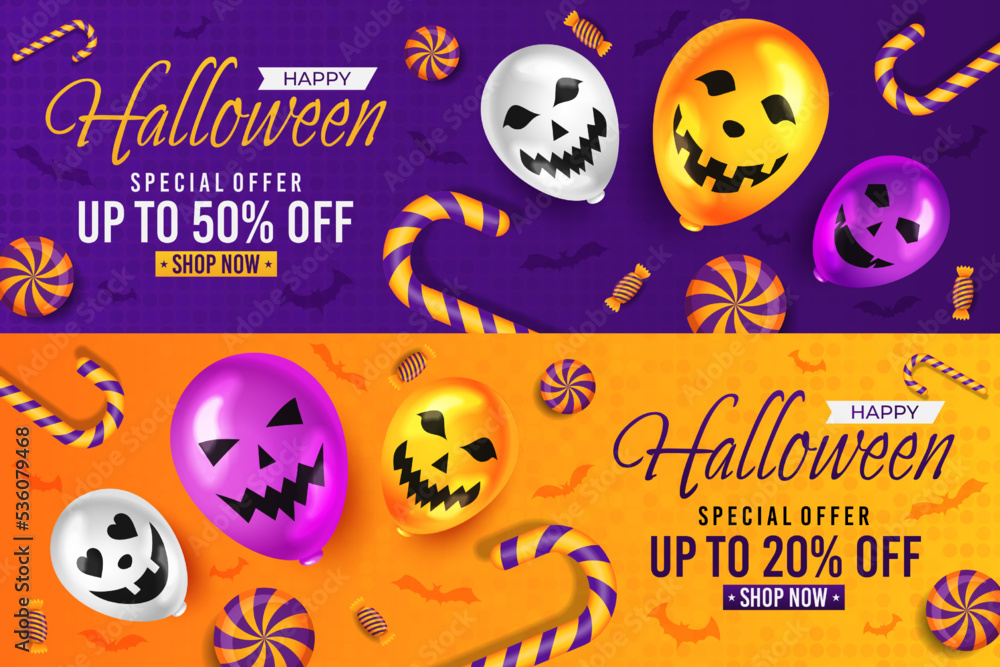 Halloween Sale Promotion  with scary balloon and candy vector, happy halloween background for business retail promotion, banner, poster, social media, feed, invitation in orange and purple color