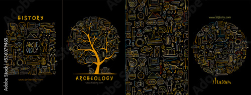 Archelogy, historic concept arts collection. Frame, background, tree. Set for your design project - cards, banners, poster, web, print, social media, promotional materials. Vector illustration