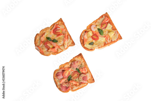 Pizza bread topped with shrimp, crab sticks, tomatoes, cheese in a wooden tray