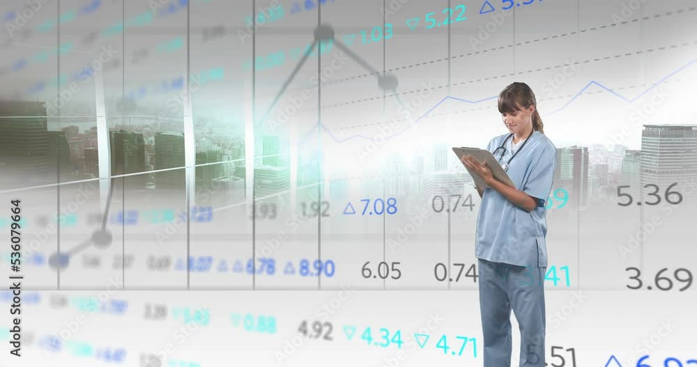 Animation of financial data and graphs over caucasian female doctor Animation of financial data and graphs over caucasian female doctor