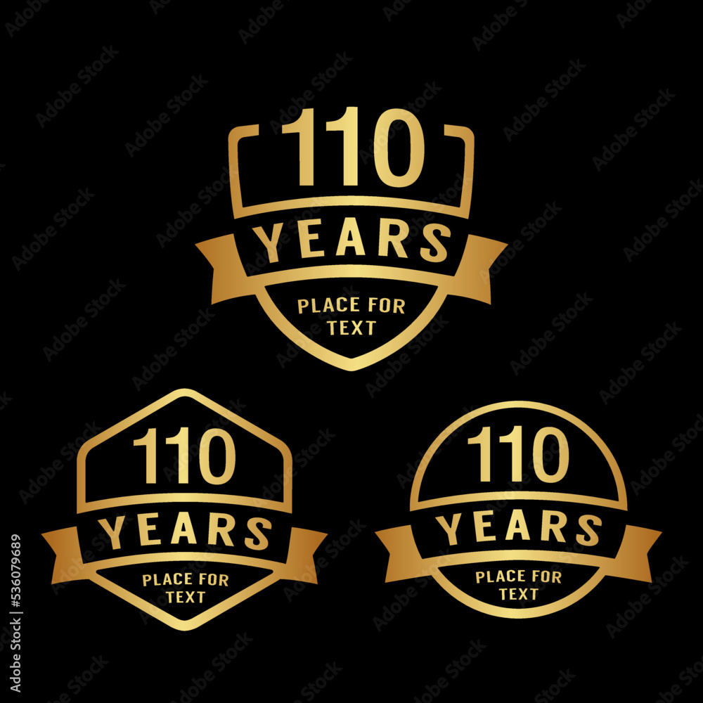 110 years anniversary celebration logotype. 110th anniversary logo collection. Set of anniversary design template. Vector illustration. 