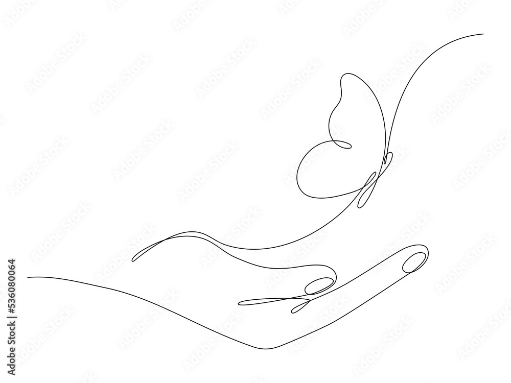 Butterfly flying on human hand continuous line art drawing. One line