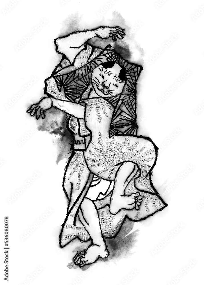 Fototapeta premium 浮世絵 猫の擬人化 その23 インクバージョン