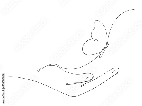 Butterfly flying on human hand continuous line art drawing. One line butter fly insect. Vector isolated on white.