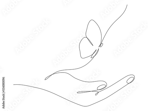 Human hand holding butterfly flying continuous line art drawing. One line butter fly insect. Vector isolated on white.