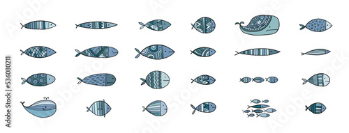 Funny fishes collection, vintage ethnic ornament. Childish style. Icons set f...