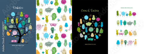 Concept Art set, funny and scary bacteria characters. Frame, background, tree, icons. Set for your design project - cards, banners, poster, web, print, social media, promotional materials. Vector