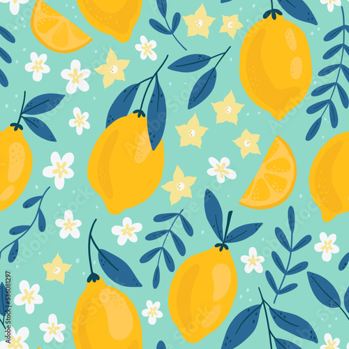 Tropical seamless pattern with yellow lemons on blue background. Trendy hand drawn textures. Fruit seamless pattern. Design for paper, cover, fabric, kitchen decor, bed linen