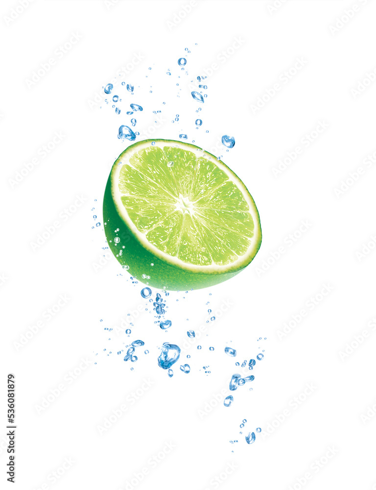Green Lemon, in water, bubbles, half Green Lemon, in water, bubbles, half